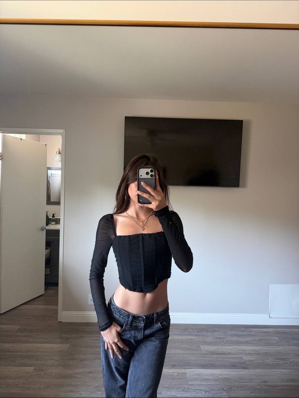 Princess Polly Black Corset-Style Long Sleeve Crop Top